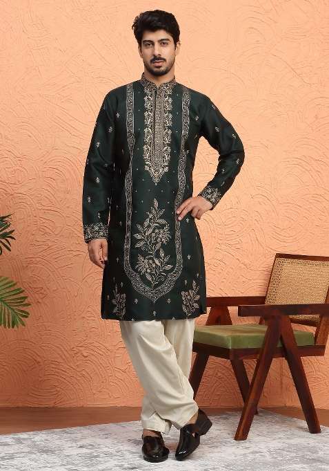 Green Embroidered Silk Blend Kurta For Men