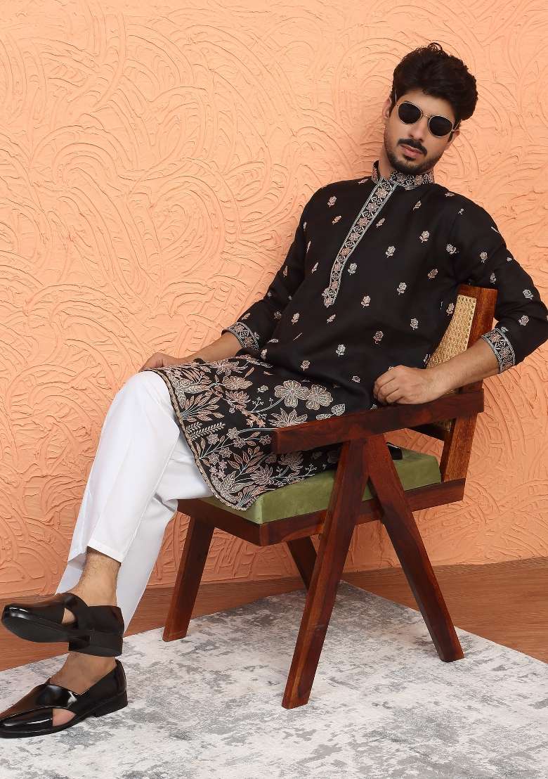 Black Embroidered Silk Blend Kurta For Men - Indya