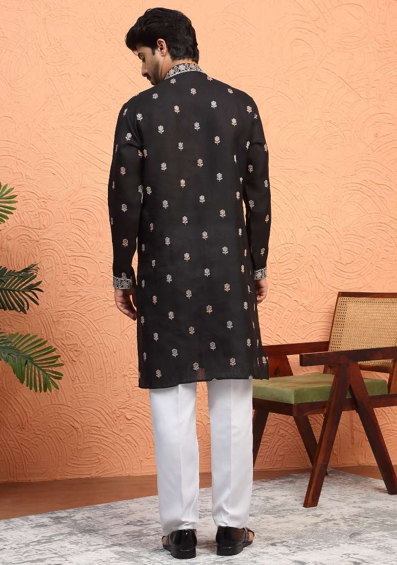 Black Embroidered Silk Blend Kurta For Men - Indya