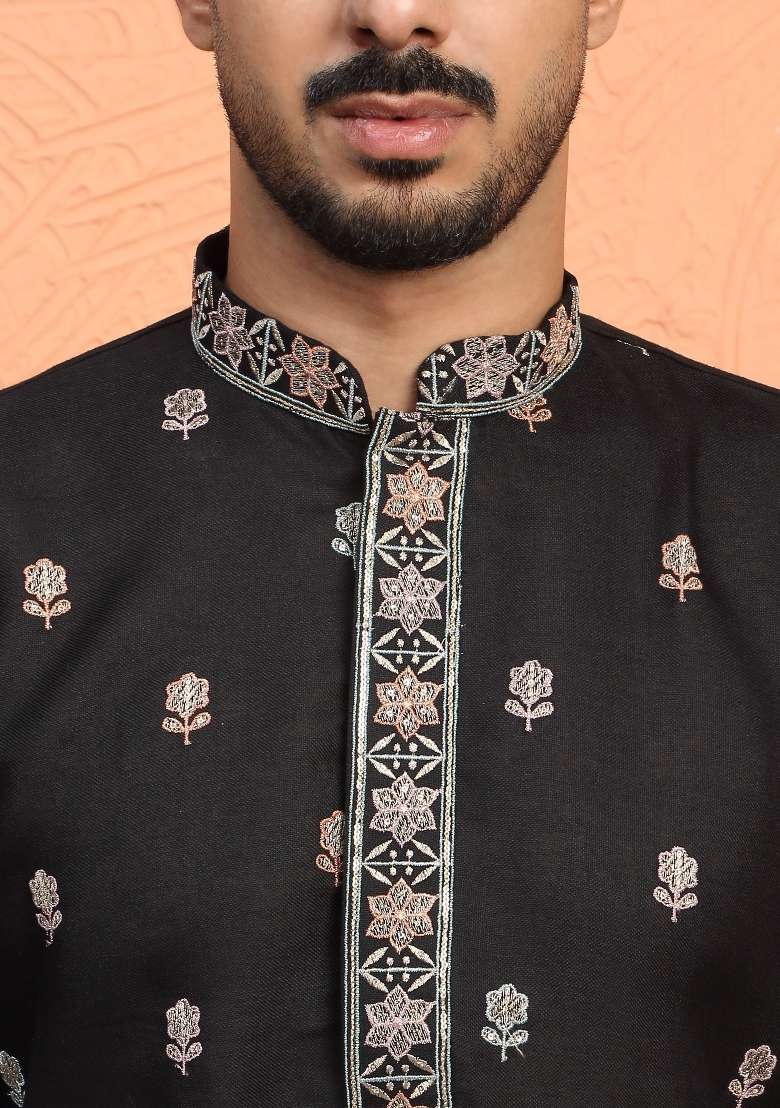 Black Embroidered Silk Blend Kurta For Men - Indya