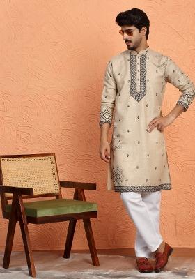 Beige Yoke Design Cotton Kurta For Men
