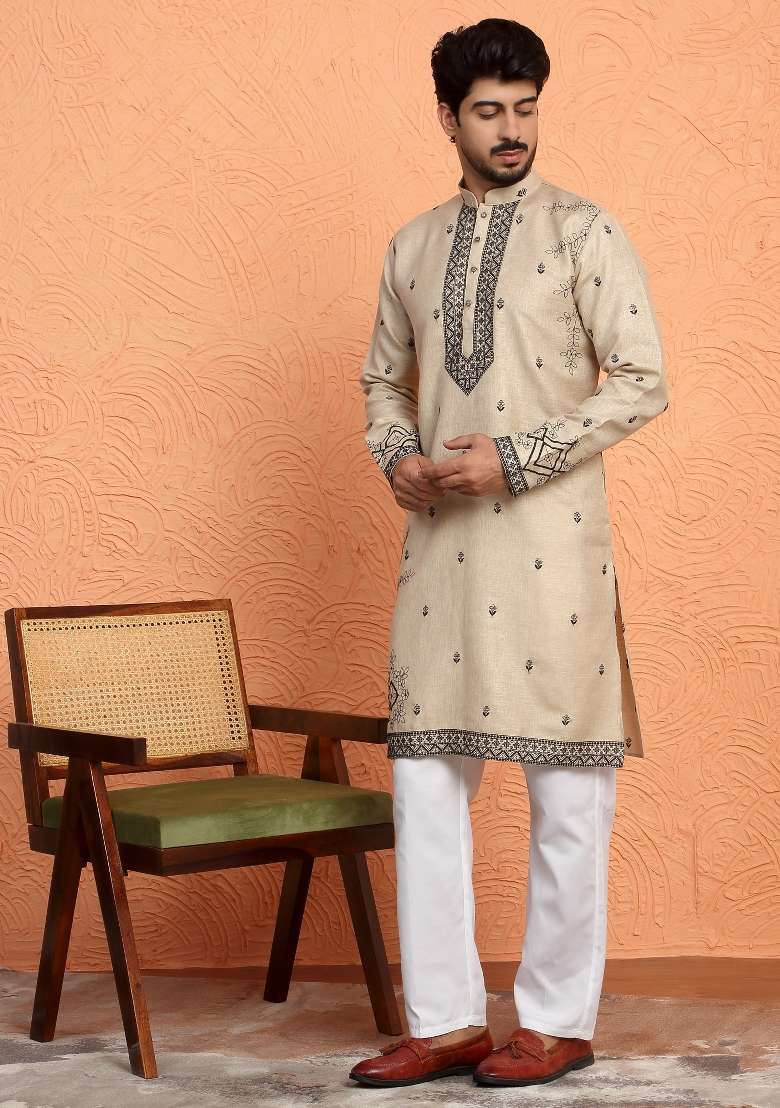 Beige Yoke Design Cotton Kurta For Men - Indya