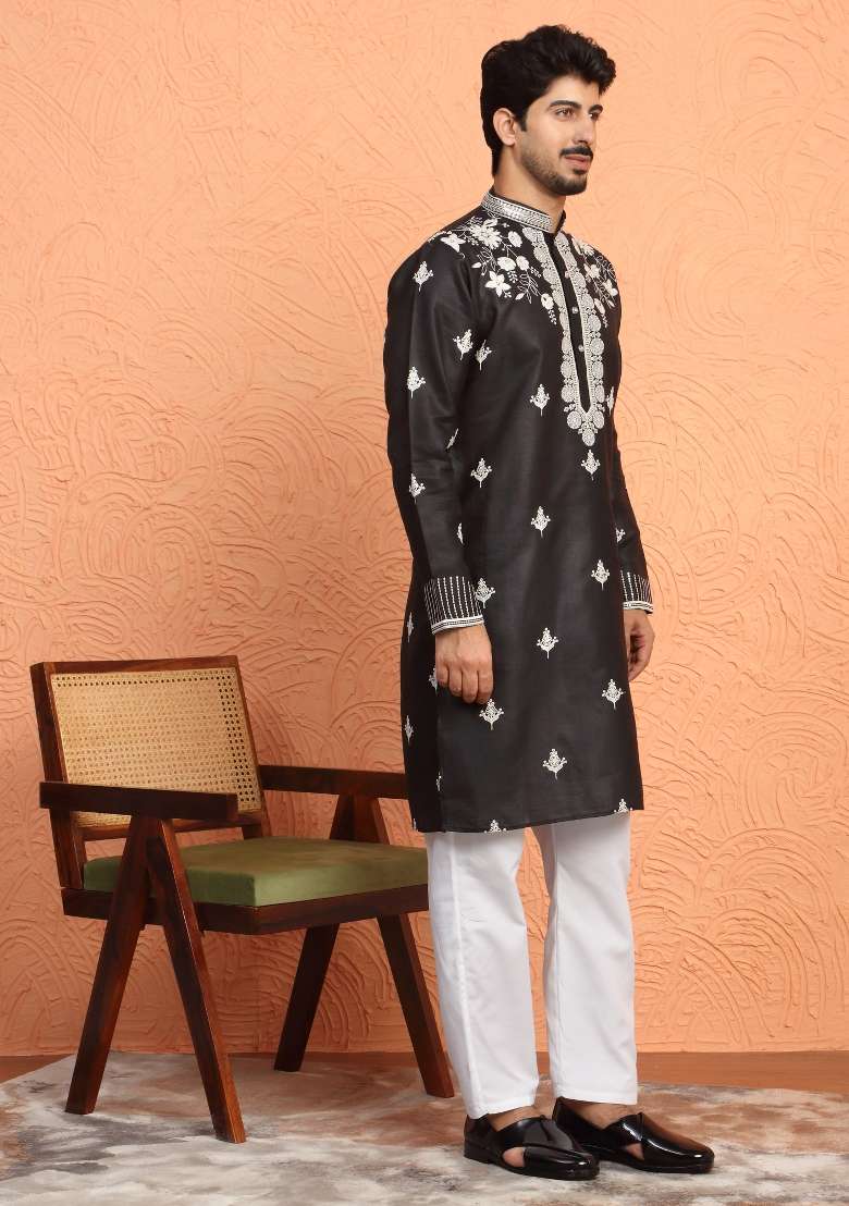 Black Yoke Design Cotton Kurta For Men - Indya