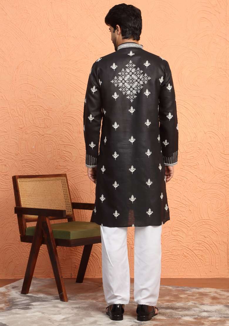 Black Yoke Design Cotton Kurta For Men - Indya