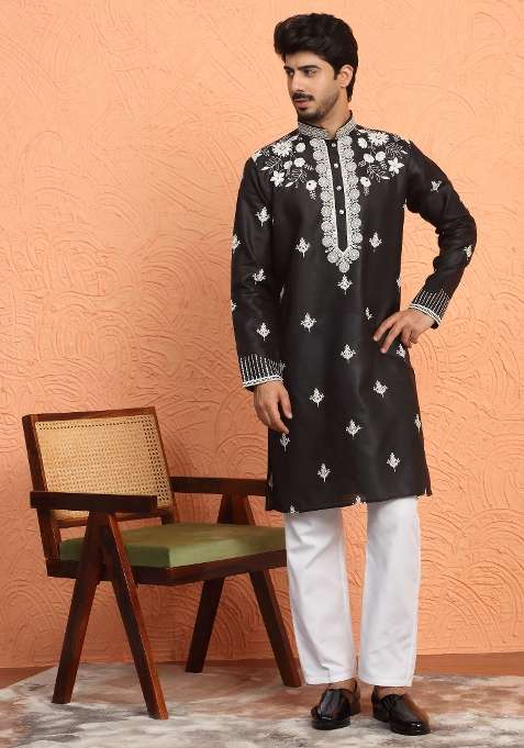 Black Yoke Design Cotton Kurta For Men