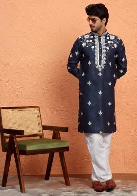 Blue Yoke Design Cotton Kurta For Men