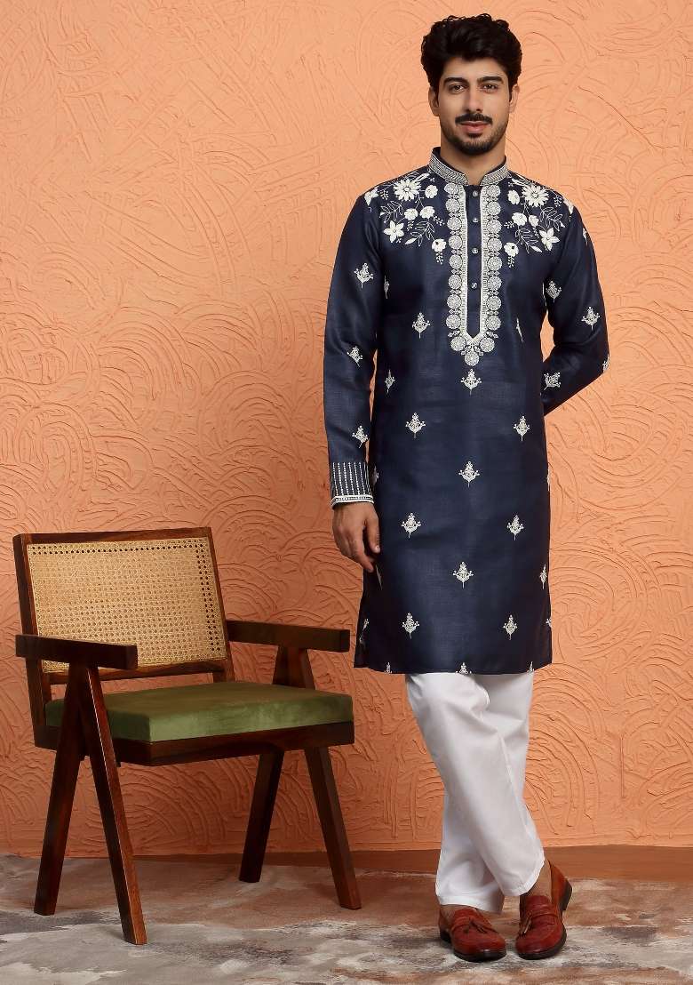 Blue Yoke Design Cotton Kurta For Men - Indya