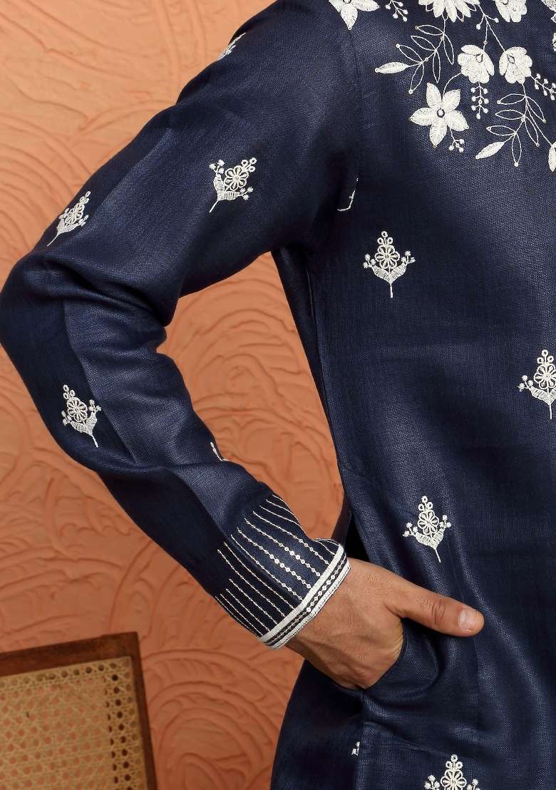 Blue Yoke Design Cotton Kurta For Men - Indya