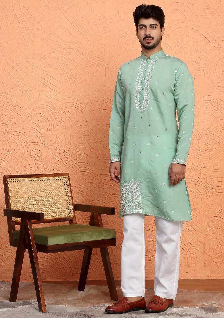 Green Yoke Design Silk Blend Kurta For Men - Indya