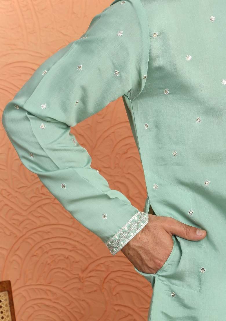 Green Yoke Design Silk Blend Kurta For Men - Indya