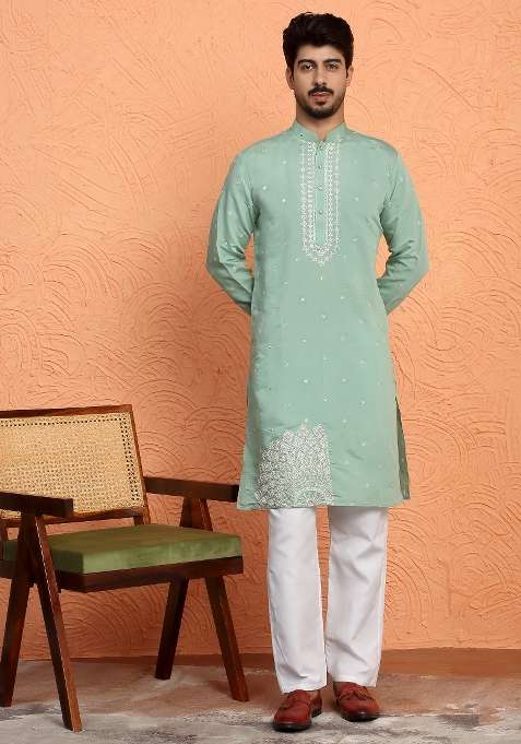 Green Yoke Design Silk Blend Kurta For Men