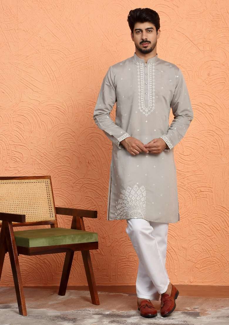 Grey Yoke Design Silk Blend Kurta For Men - Indya