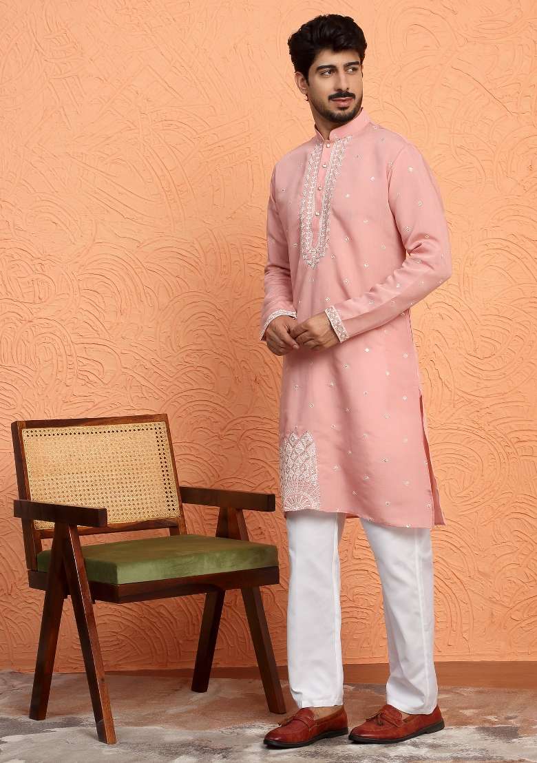 Pink Yoke Design Silk Blend Kurta For Men - Indya