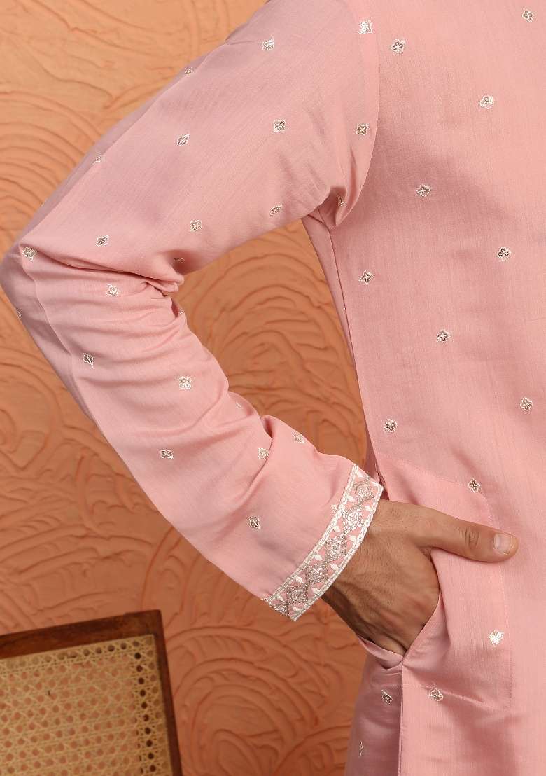Pink Yoke Design Silk Blend Kurta For Men - Indya