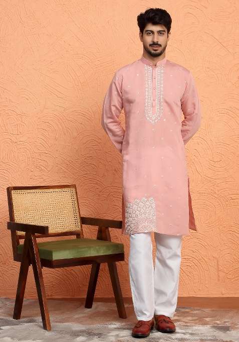 Pink Yoke Design Silk Blend Kurta For Men