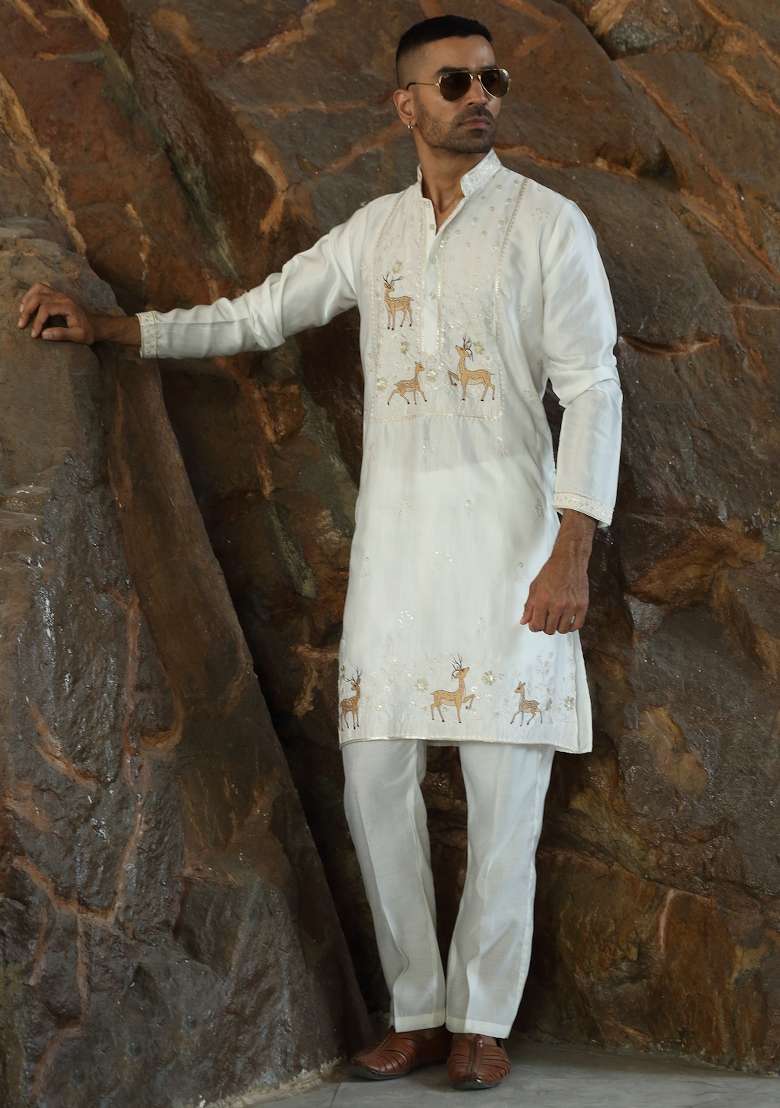 Cream Embroidered Silk Blend Kurta For Men - Indya