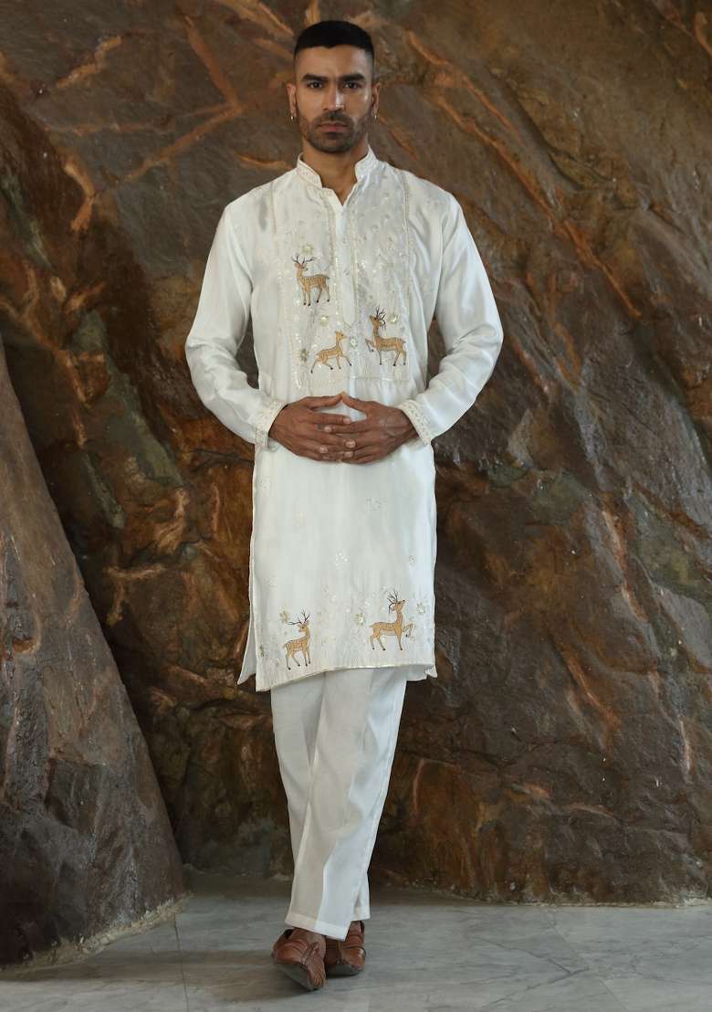 Cream Embroidered Silk Blend Kurta For Men - Indya