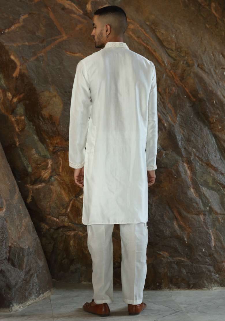 Cream Embroidered Silk Blend Kurta For Men - Indya