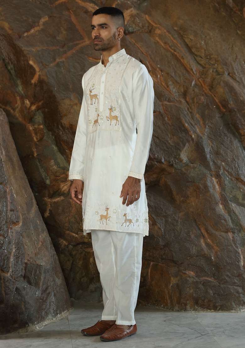 Cream Embroidered Silk Blend Kurta For Men - Indya