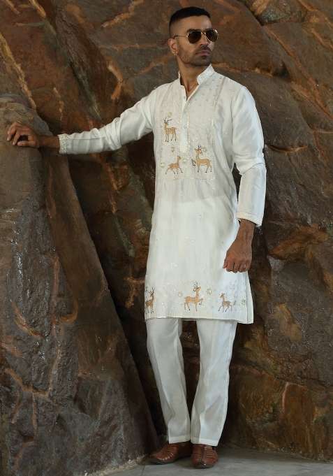 Cream Embroidered Silk Blend Kurta For Men