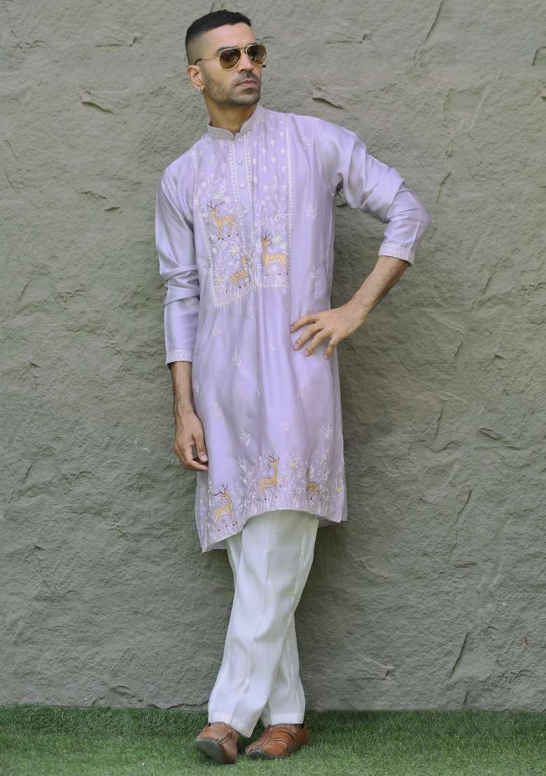 Mauve Embroidered Silk Blend Kurta For Men - Indya