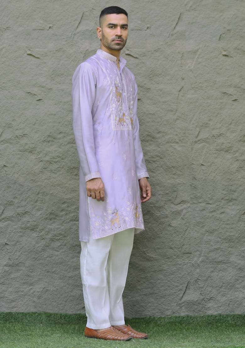 Mauve Embroidered Silk Blend Kurta For Men - Indya