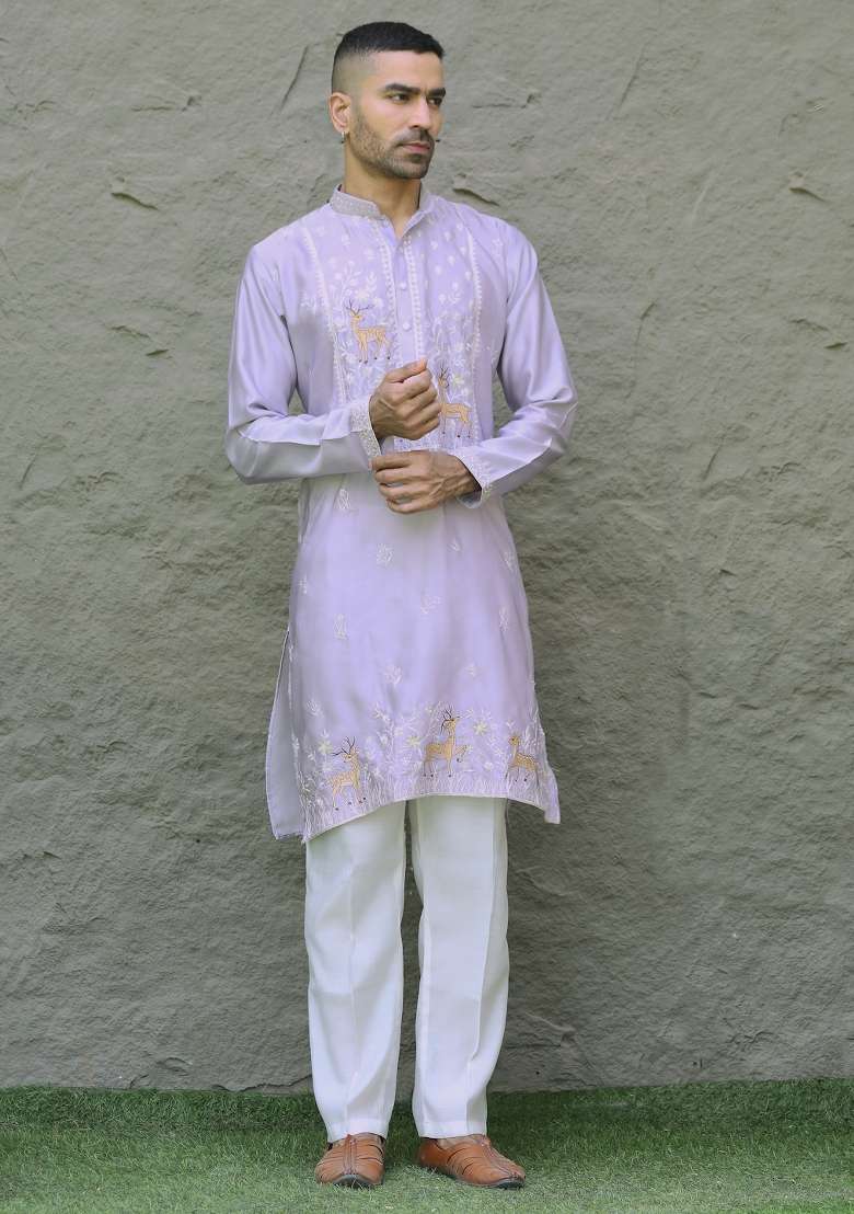 Mauve Embroidered Silk Blend Kurta For Men - Indya