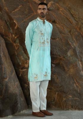 Sky Blue Embroidered Silk Blend Kurta For Men