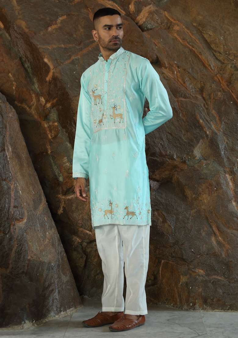 Sky Blue Embroidered Silk Blend Kurta For Men - Indya