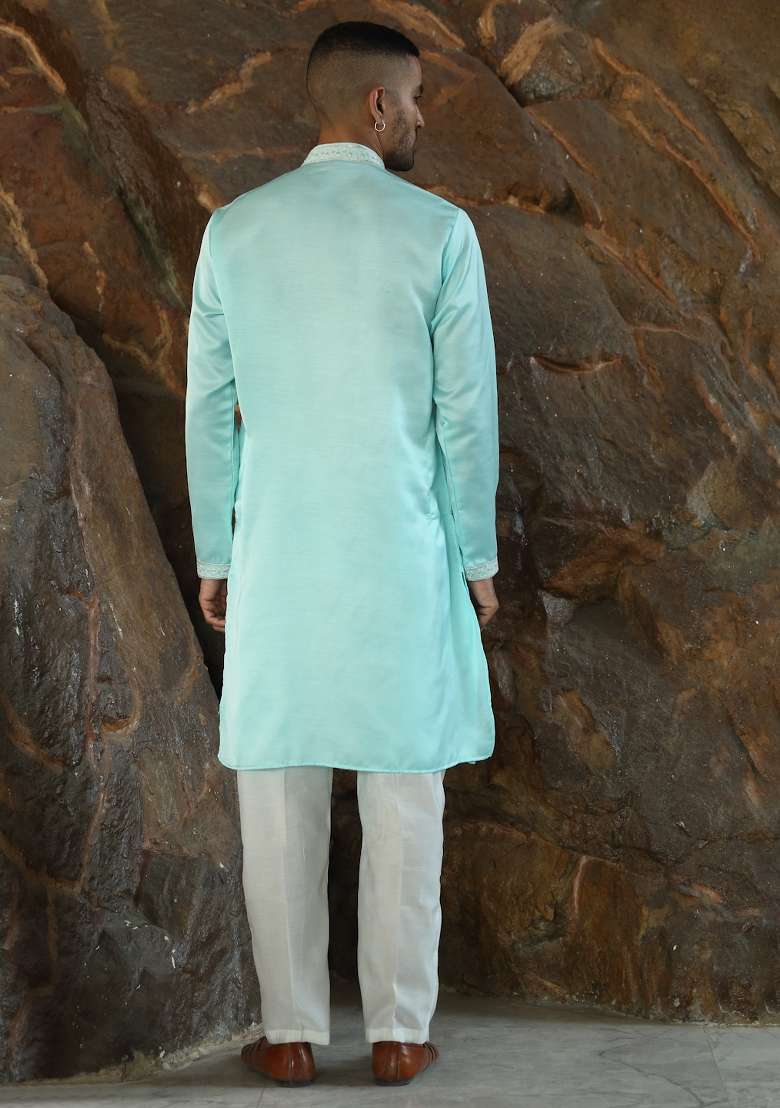 Sky Blue Embroidered Silk Blend Kurta For Men - Indya