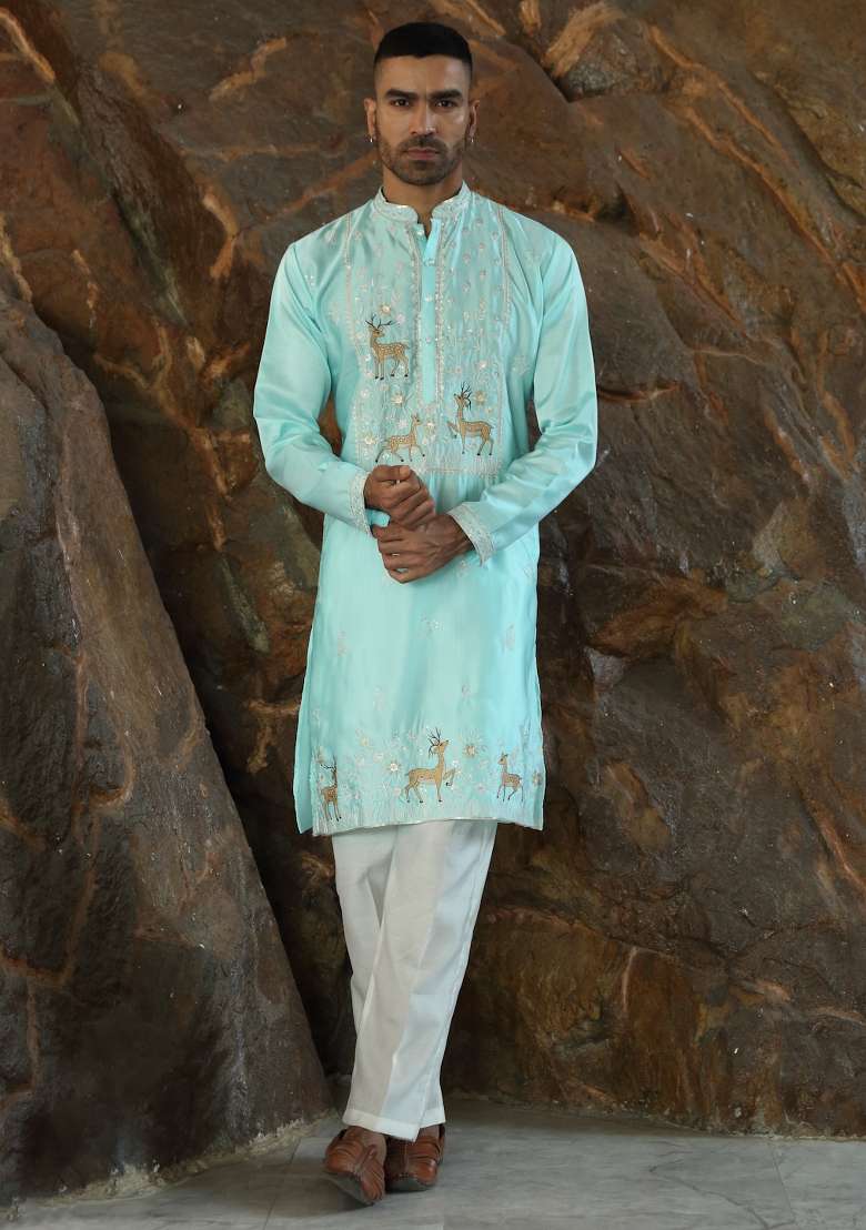 Sky Blue Embroidered Silk Blend Kurta For Men - Indya