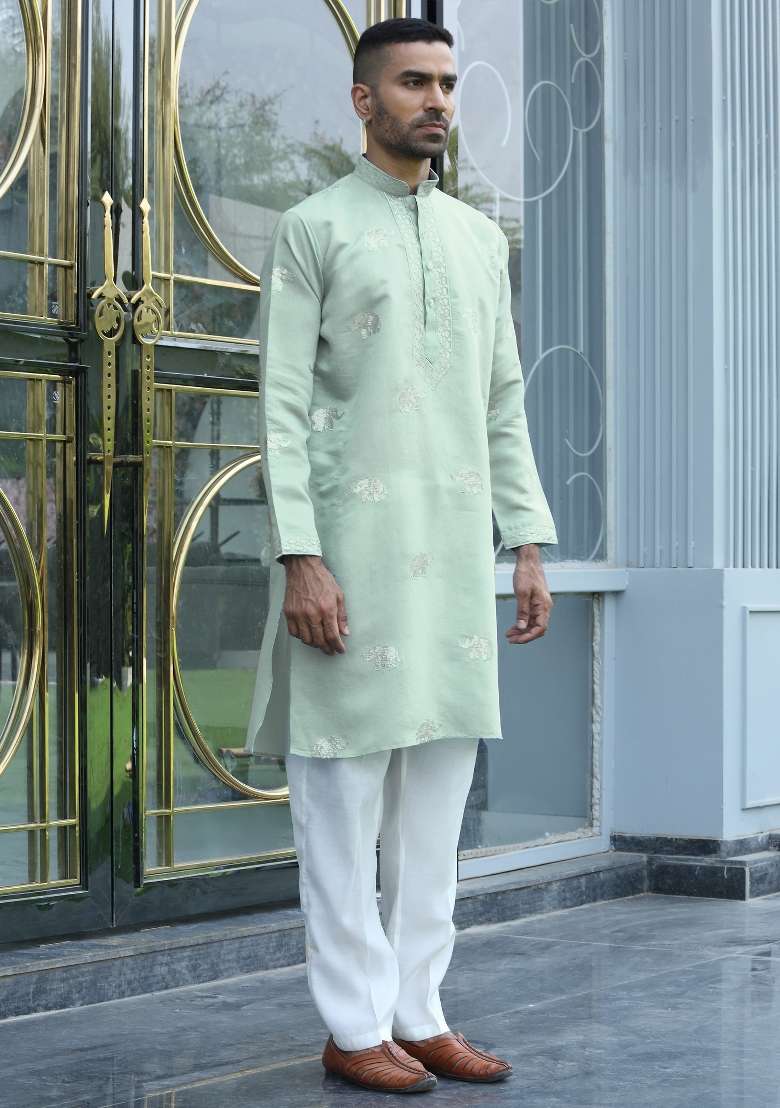 Green Embroidered Silk Blend Kurta For Men - Indya