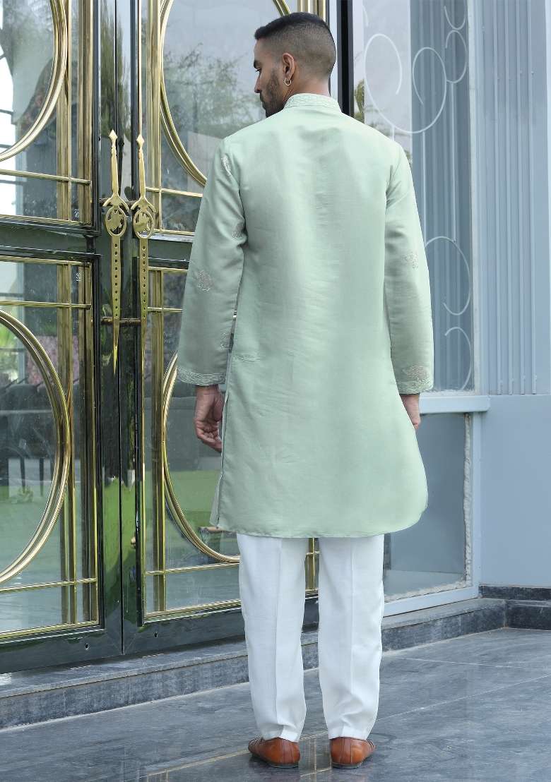 Green Embroidered Silk Blend Kurta For Men - Indya
