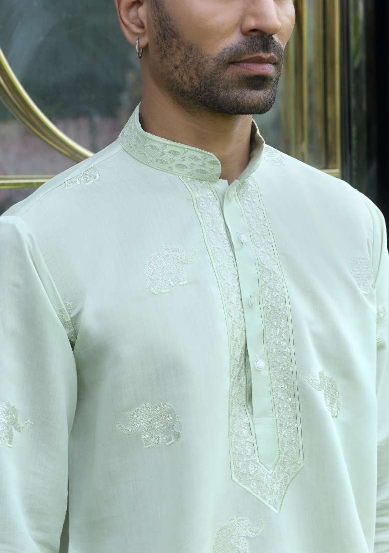 Green Embroidered Silk Blend Kurta For Men - Indya