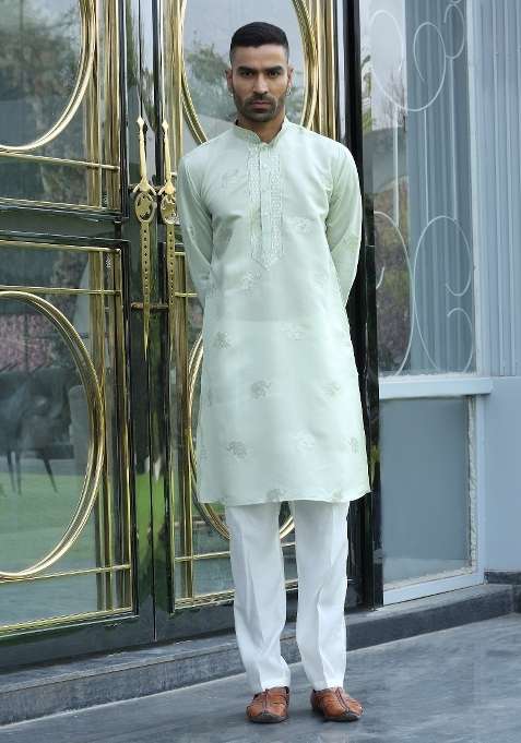 Green Embroidered Silk Blend Kurta For Men