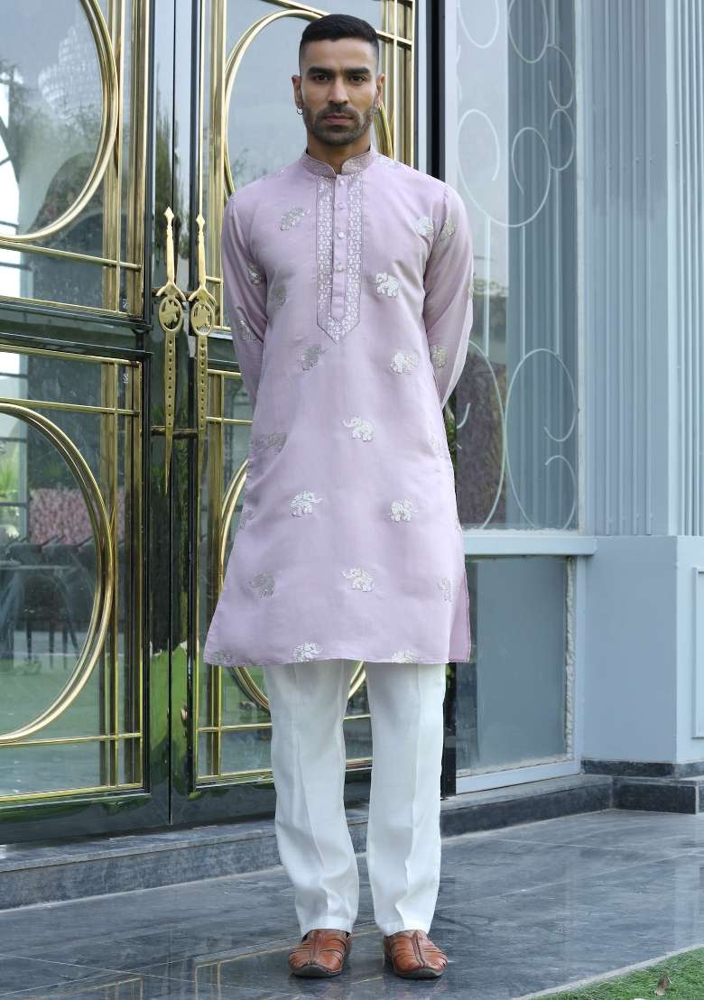 Mauve Embroidered Silk Blend Kurta For Men - Indya
