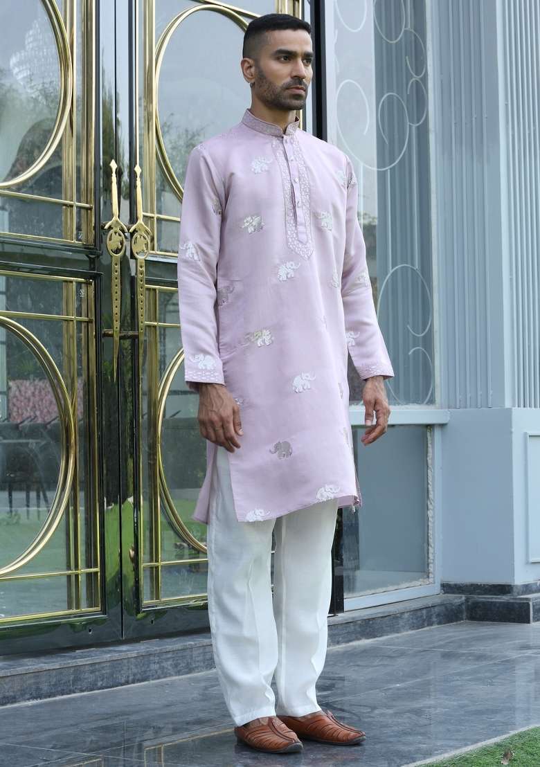 Mauve Embroidered Silk Blend Kurta For Men - Indya