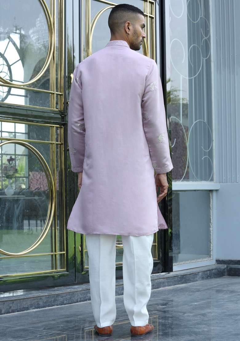 Mauve Embroidered Silk Blend Kurta For Men - Indya