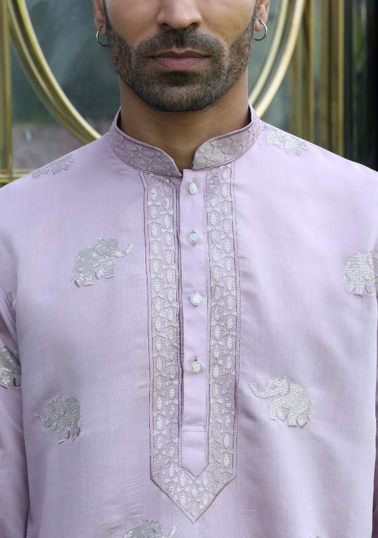 Mauve Embroidered Silk Blend Kurta For Men - Indya