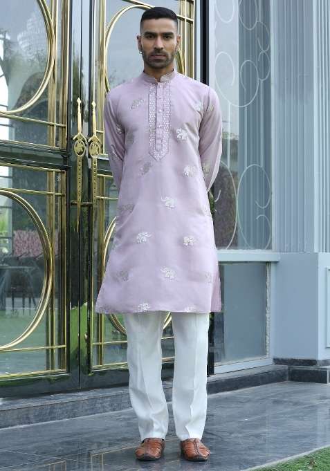 Mauve Embroidered Silk Blend Kurta For Men