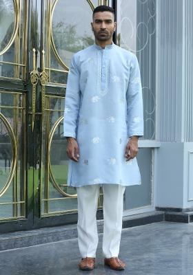 Sky Blue Embroidered Silk Blend Kurta For Men