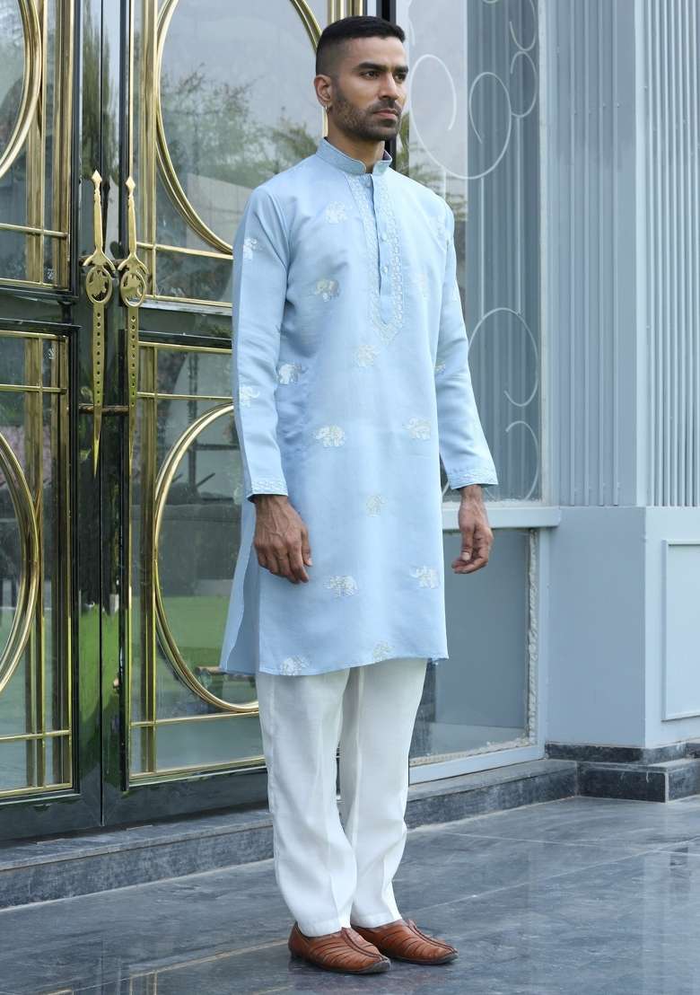 Sky Blue Embroidered Silk Blend Kurta For Men - Indya