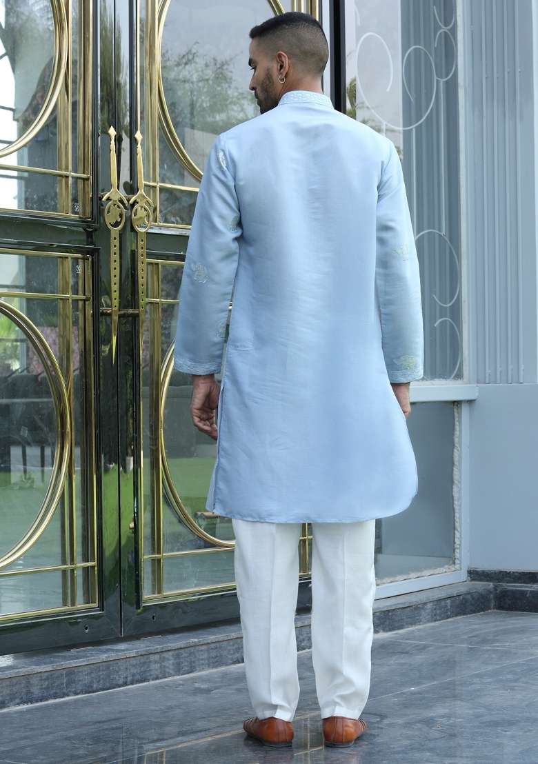 Sky Blue Embroidered Silk Blend Kurta For Men - Indya