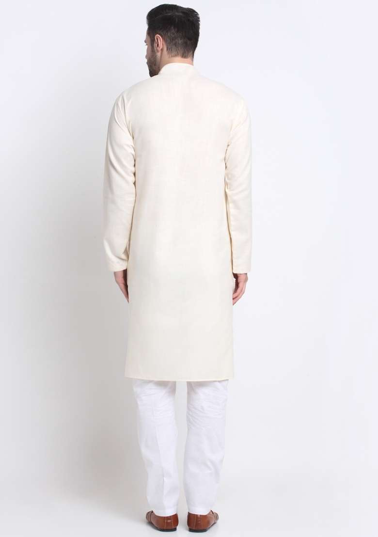 Cream Solid Cotton Blend Kurta Set For Men - Indya