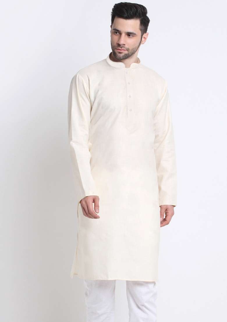 Cream Solid Cotton Blend Kurta Set For Men - Indya