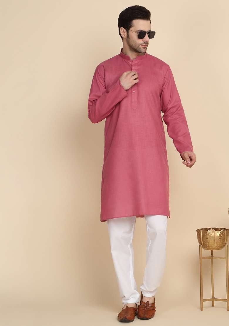 Coral Solid Cotton Blend Kurta Set For Men - Indya