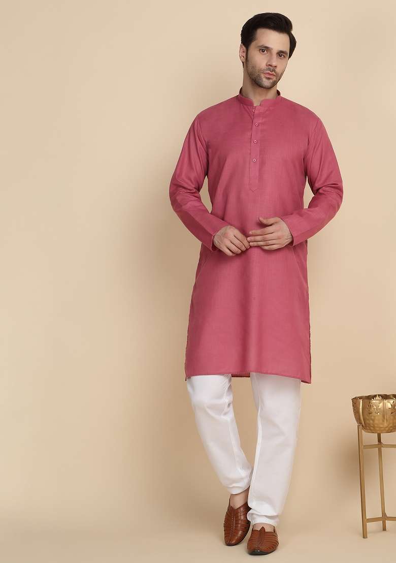 Coral Solid Cotton Blend Kurta Set For Men - Indya