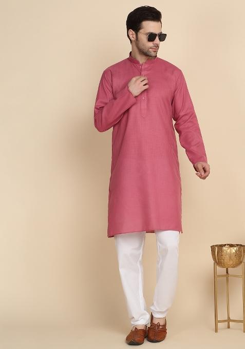 Coral Solid Cotton Blend Kurta Set For Men