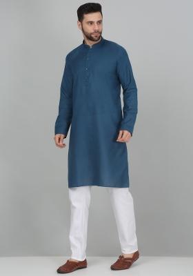 Denim Blue Solid Cotton Blend Kurta Set For Men