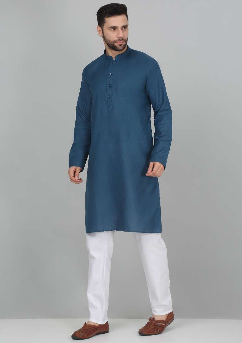 Denim Blue Solid Cotton Blend Kurta Set For Men - Indya